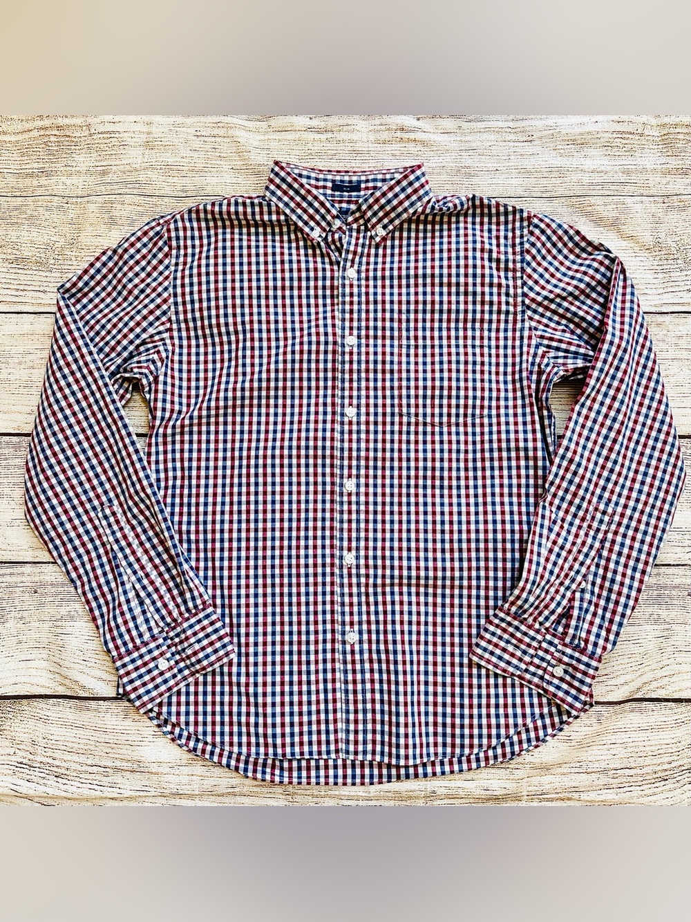 J. Crew Slim Fit Red Navy Gingham Button-Front Long Sleeve Shirt Men’s Sz L